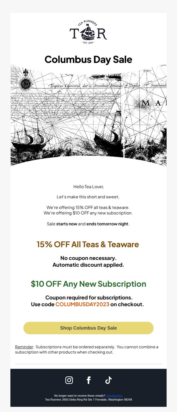 9. Tea Runners: Columbus Day Sale 🇺🇸 15% OFF Tea, $10 OFF Subscriptions