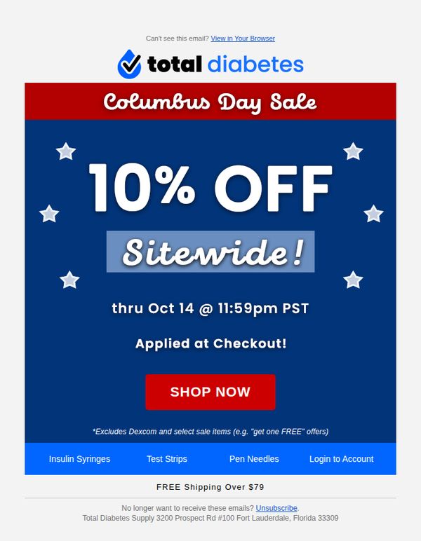 7. Total Diabetes Supply: Columbus Day SALE: 10% Off Sitewide!