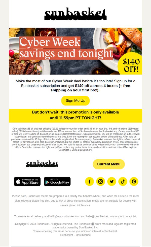 8. Sunbasket: Cyber Week ends TONIGHT!