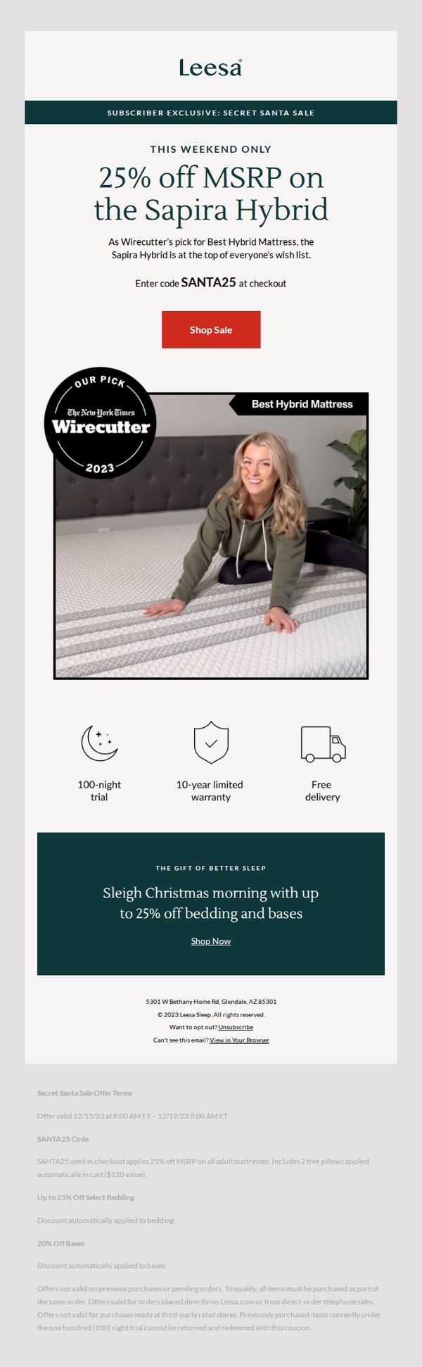 10. Leesa: This weekend only! Get 25% off the best-selling Sapira Hybrid