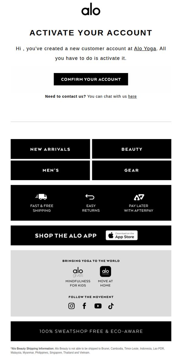10. Alo Yoga: Alo Customer Account Invitation