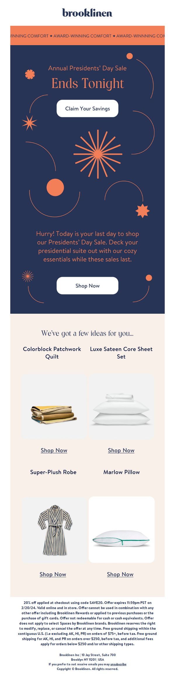 10. Brooklinen: Presidents' Day Sale Ends Tonight!