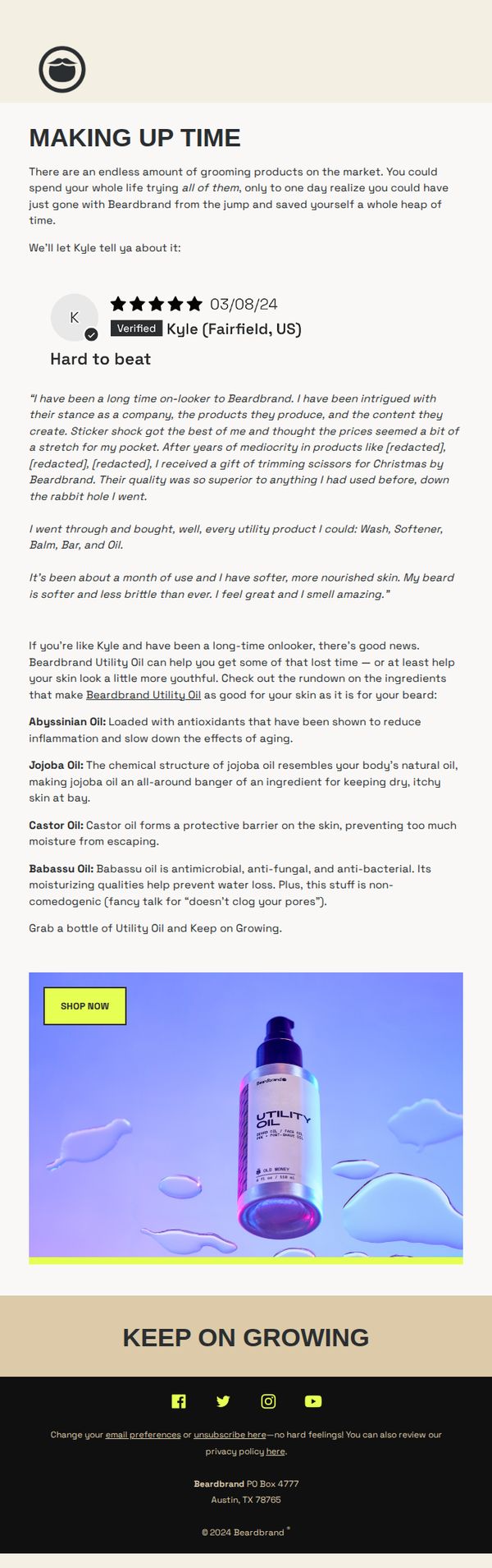 9. Beardbrand: Making up for lost time