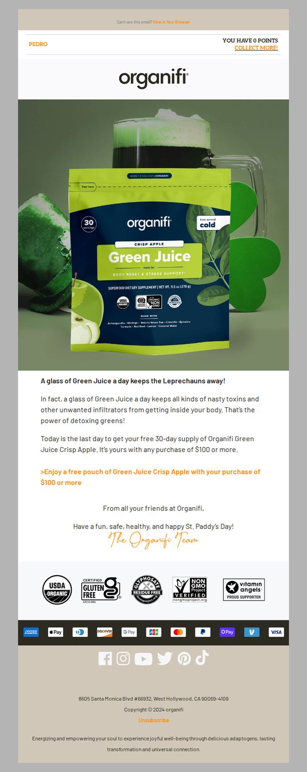 8. Organifi: Happy St. Patrick's Day!  Last Chance: Get Green Juice Free!