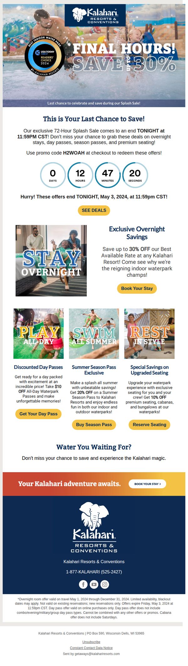 8. Kalahari Resorts: 🚨72 Hour Splash Sale Ends TONIGHT!