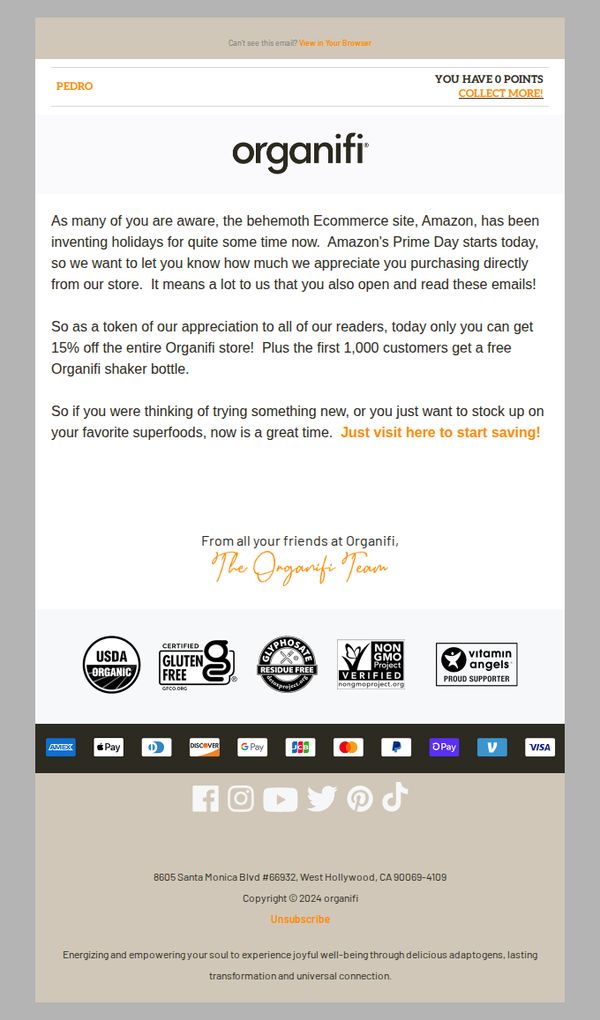 6. Organifi Prime Day!  15% Off Site Wide & Free Shaker Bottle...