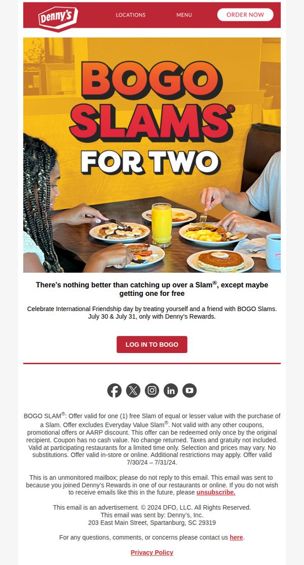 6. Denny's: Free Slam® for Friendship Day 🥞