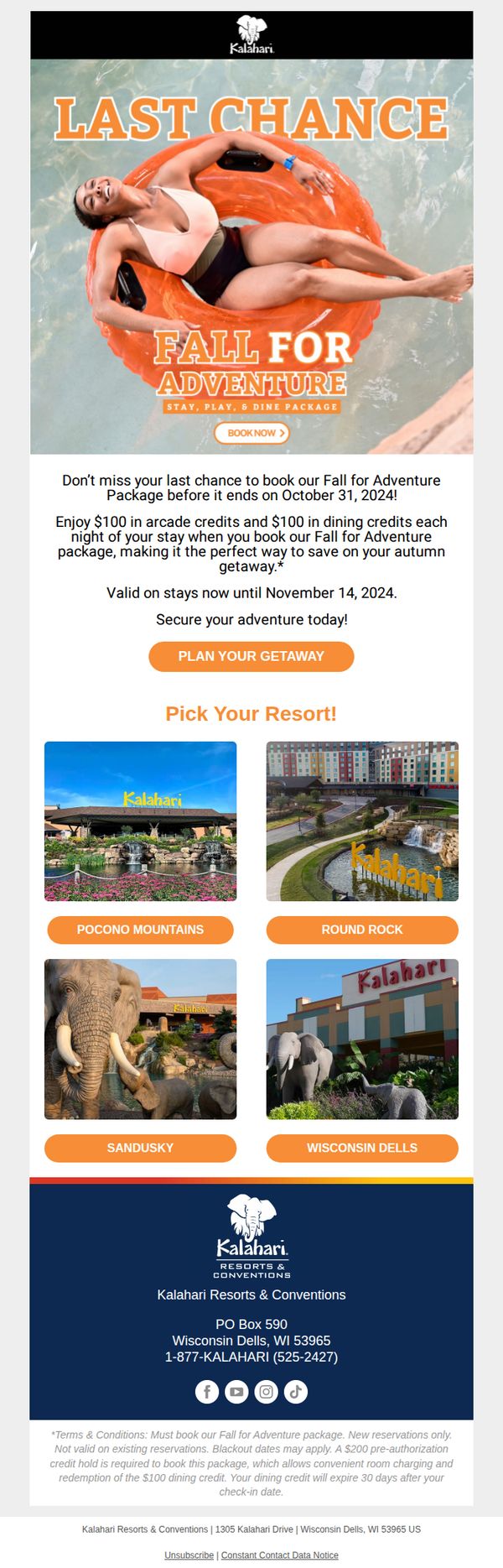 9. Kalahari Resorts: 🚨LAST CHANCE: Save Big with Our Fall for Adventure Package!
