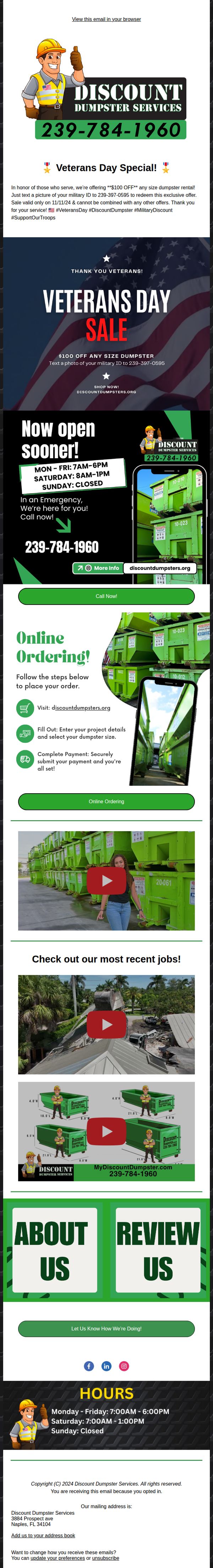 9. Discount Dumpster Services : Veterans Day Special: $100 Off Your Next Dumpster Rental! 🎖️