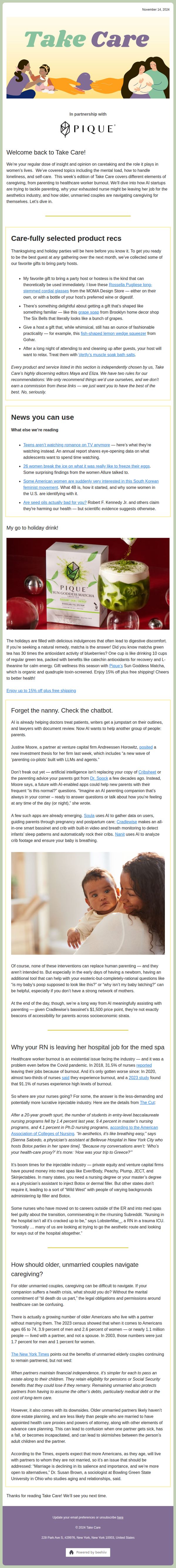 10. Lola: Take Care: AI-enabled parenting, burned-out nurses, and older unmarried couples navigating caregiving