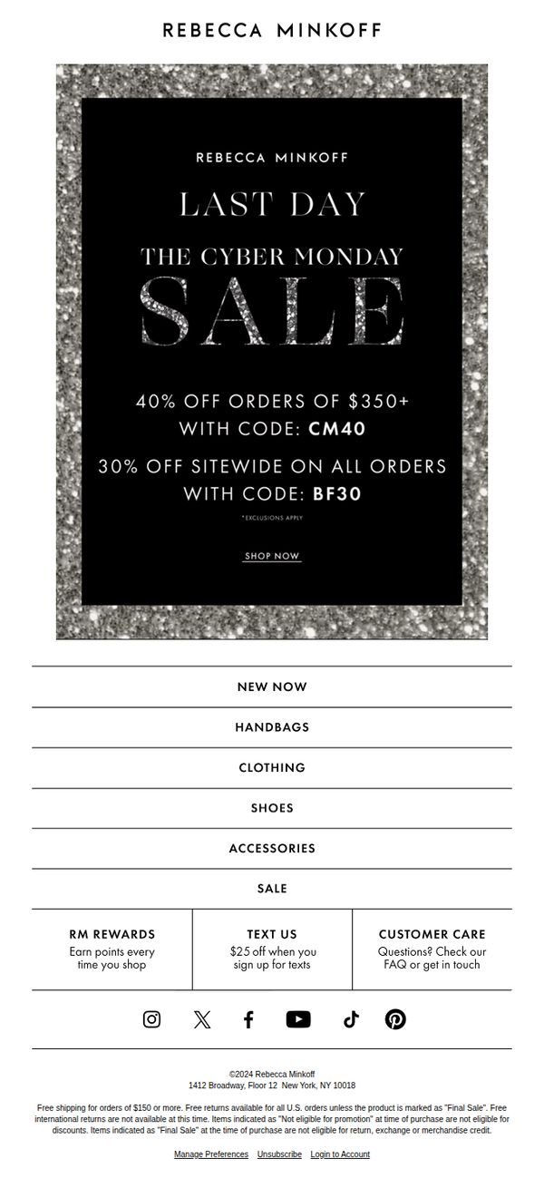10. Rebecca Minkoff: LAST DAY TO SHOP WITH 40% OFF!