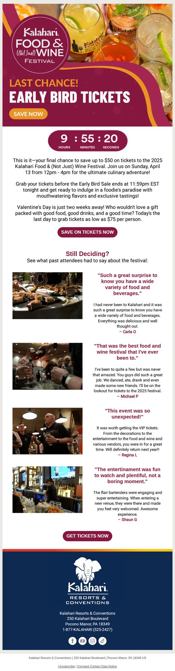 9. Kalahari Resorts: 🚨Last Call! Save up to $50 on Kalahari Food & (Not Just) Wine Festival Tickets