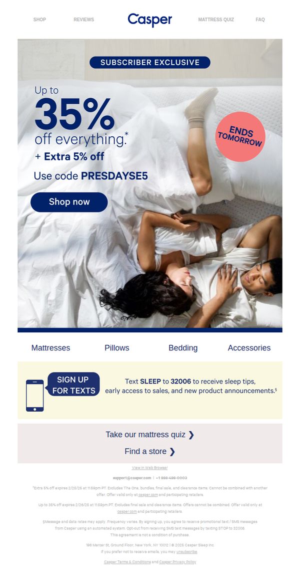 7. Casper: Your extra 5% off ends tomorrow!