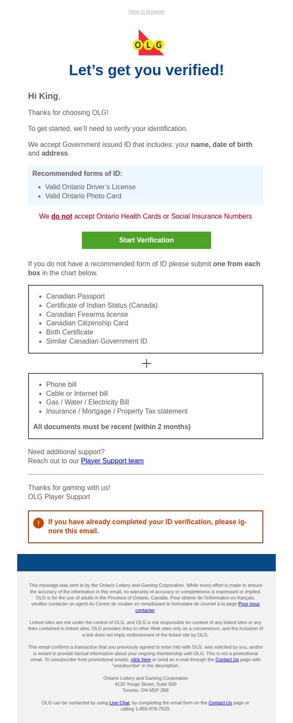 10. Verification Required to complete OLG registration.