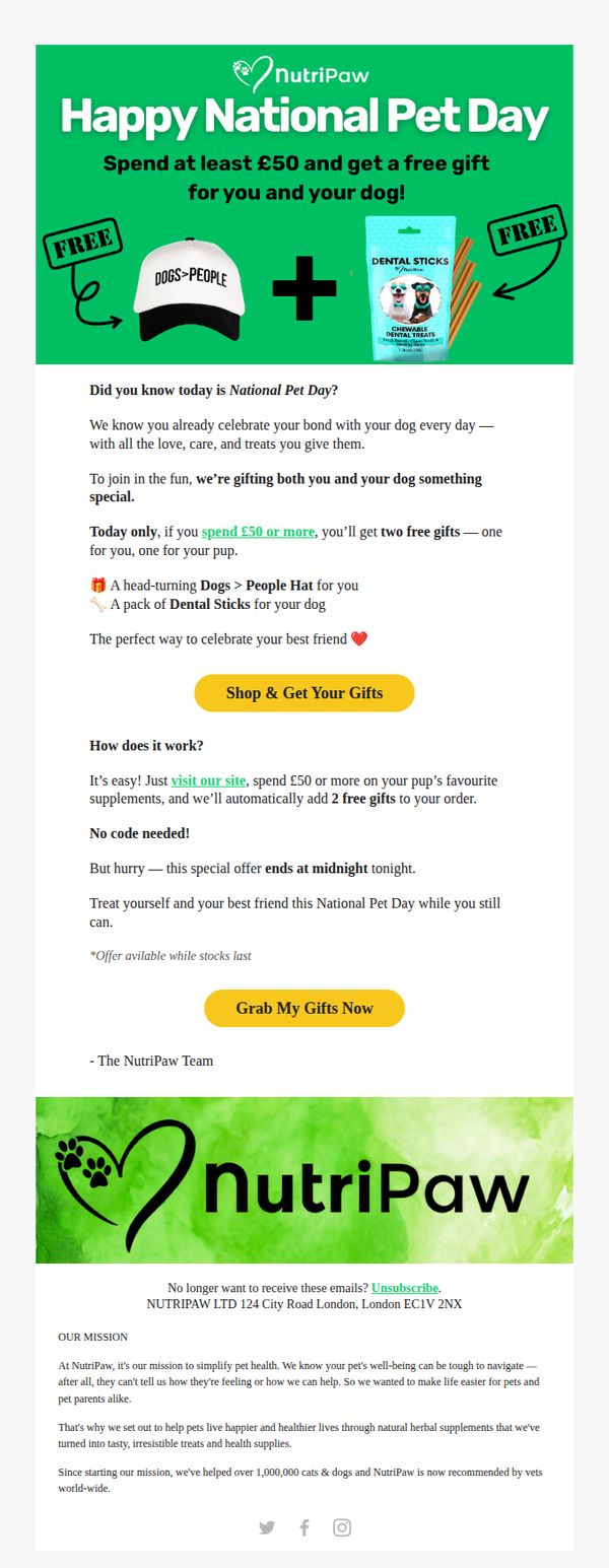6. Nutri Paw: 🎁 Grab a free gift for yourself and your dog for National Pet Day!