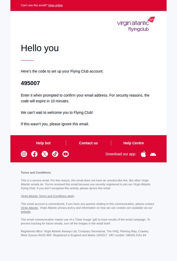 8. Virgin Atlantic: Your verification code is 495007