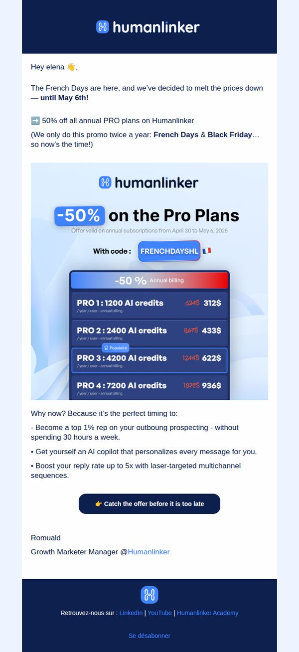 10. Humanlinker: -50% on Humanlinker… yep, we’re serious 😎🇫🇷