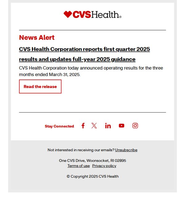 9. News alert: CVS Health Corporation reports first quarter 2025 results and updates full-year 2025 guidance