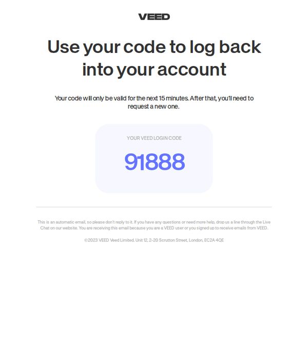 8. Veed: Your login code to VEED: 91888