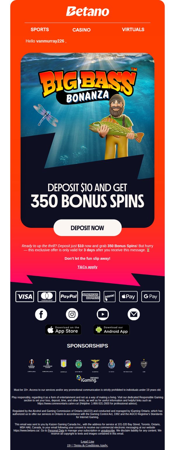 8. Betano - CA: 🔥 Spin into Action: 350 Bonus Spins Await!