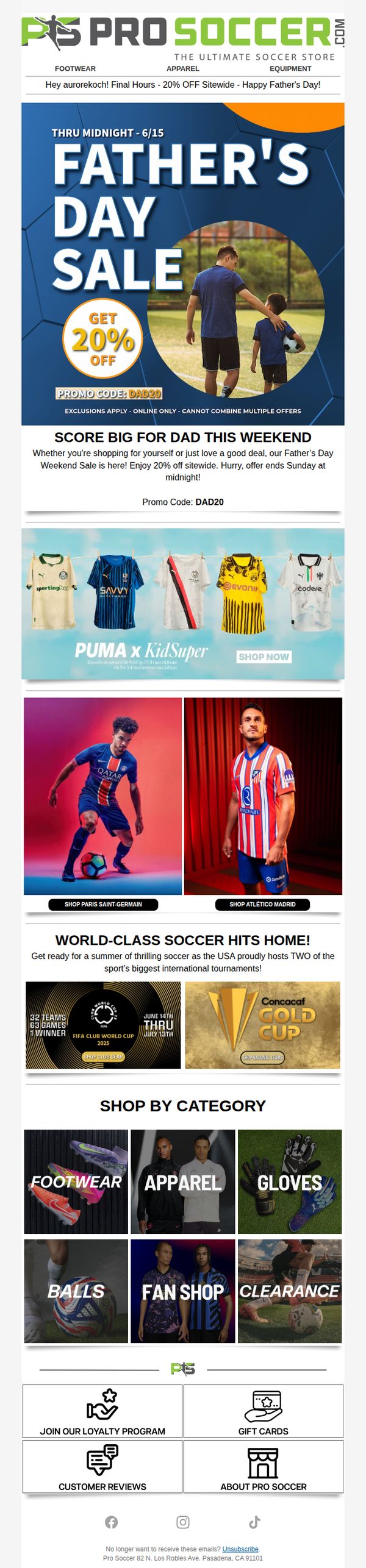 9. Prosoccer: Happy Fathers Day! Final Hours 20% OFF! 🎉
