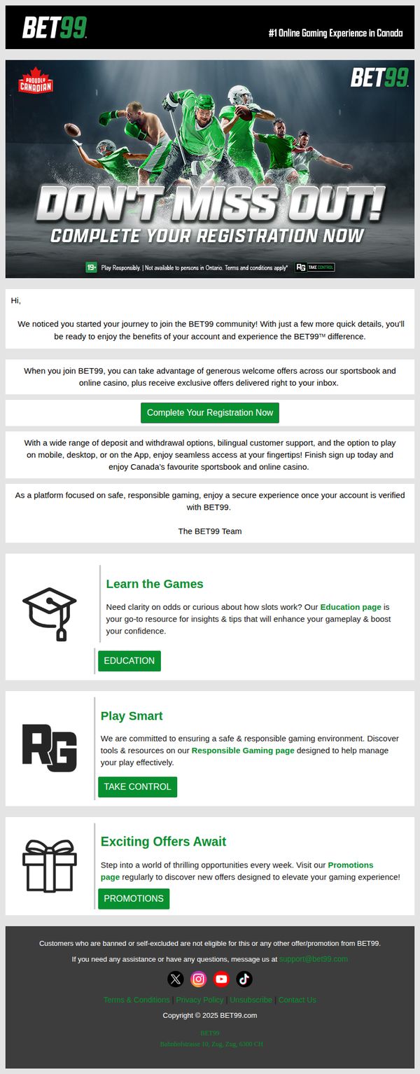 9. Bet99 - CA: Finish Setting Up Your BET99 Account!