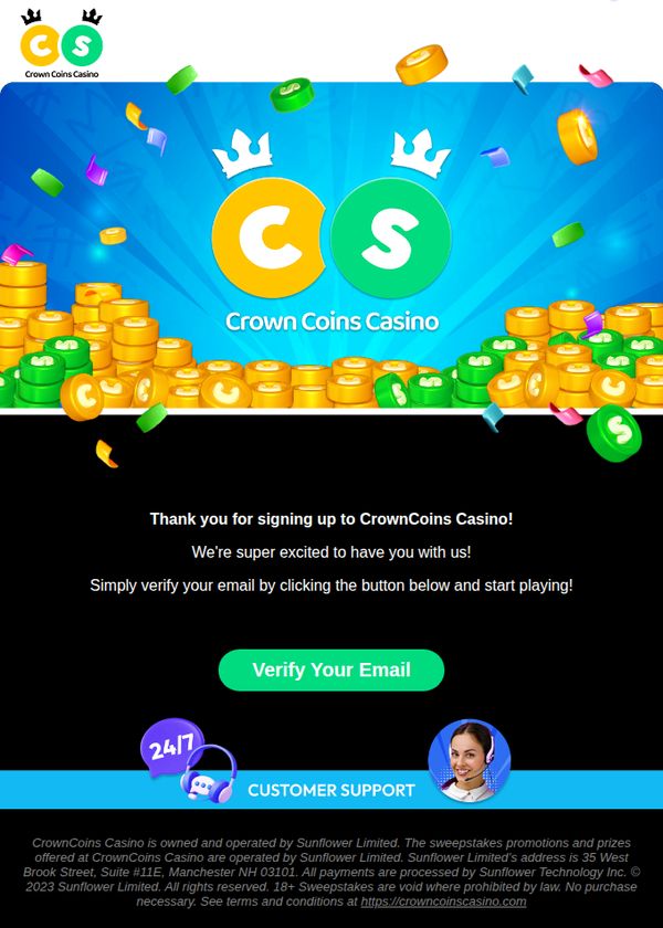 7. Verify your email for CrownCoins Casino