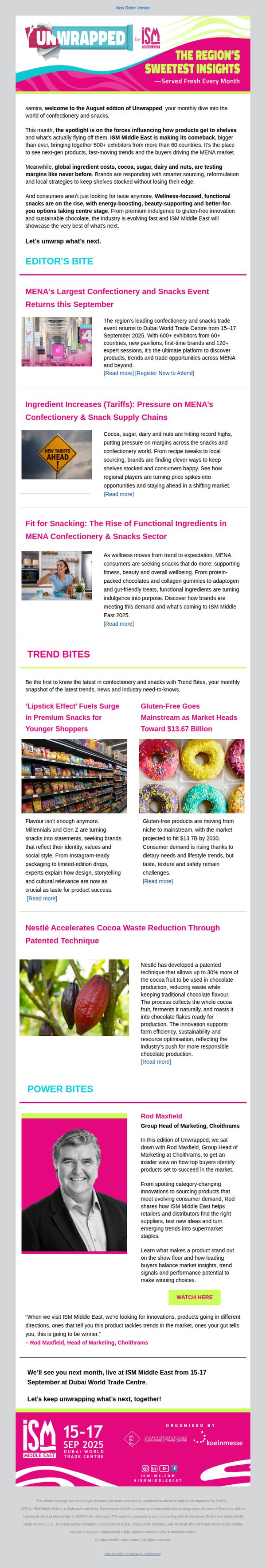 9. Subject line: ISM Middle East Returns, Premium Snacking Rises & Cocoa Costs Bite | August Unwrapped