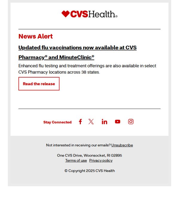 10. News alert: Updated flu vaccinations now available at CVS Pharmacy® and MinuteClinic®
