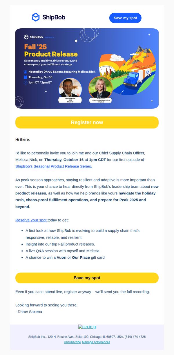7. ShipBob: Hi there, join me live for Fall Release 🎉 