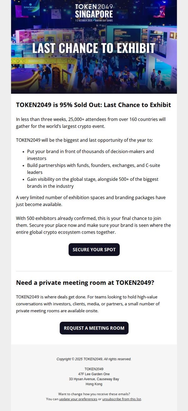 10. TOKEN2049 is 95% Sold Out: Last Chance to Exhibit