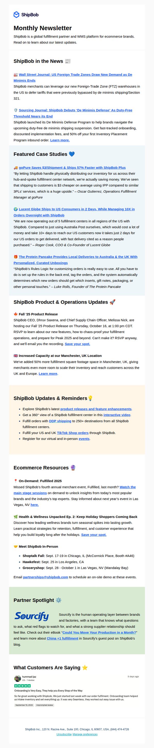 10. ShipBob: Hey there, ShipBob Newsletter: What’s New, What’s Next