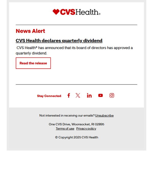8. News alert: CVS Health declares quarterly dividend