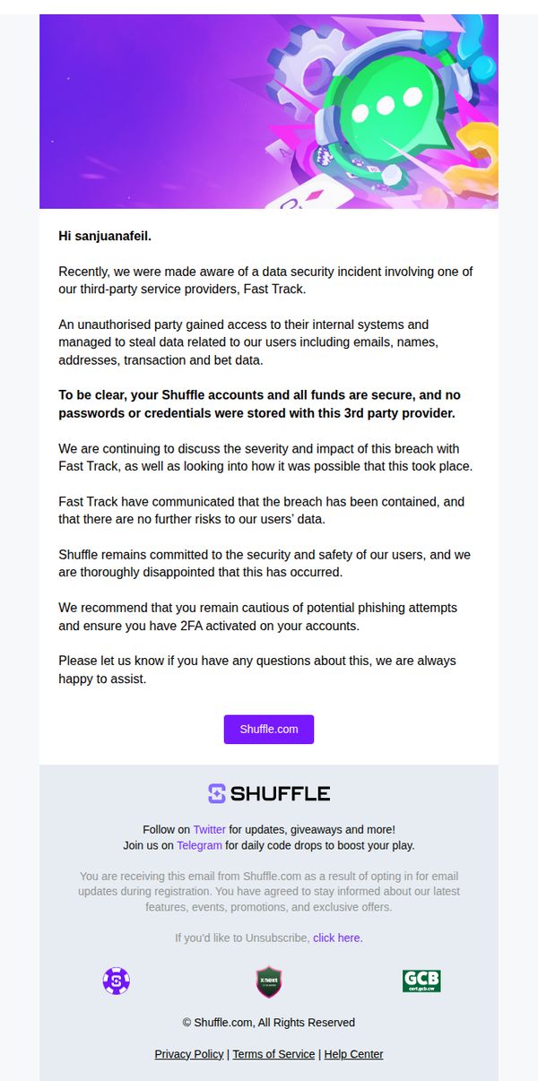 9. Shuffle.com: Notice of Data Breach at Fast Track.