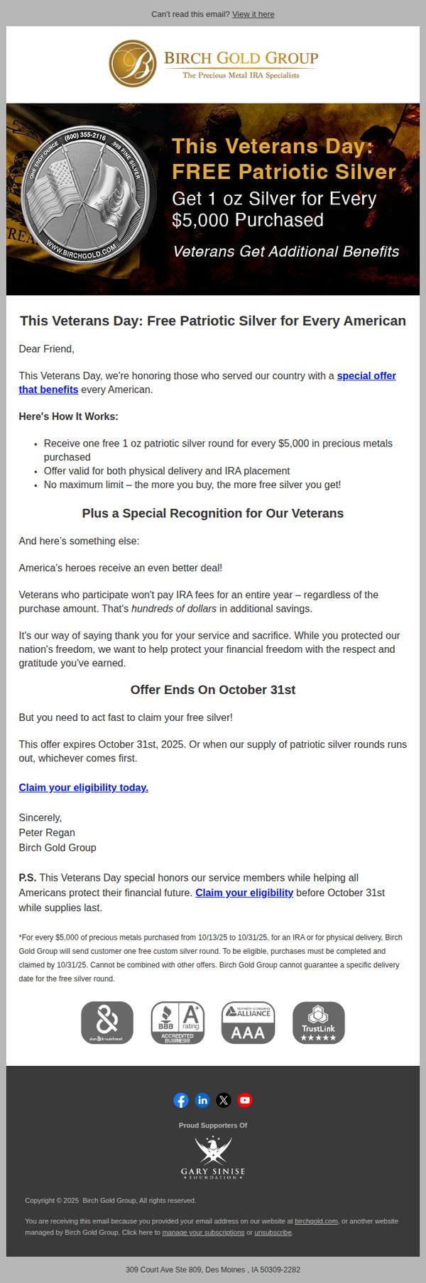 9. Birch Gold Group: Your Gift Is Waiting – Patriotic Silver Round For Veterans Day
