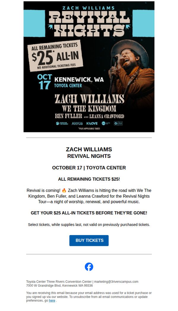 9. Zach Williams: Revival Nights $25 All-In Tickets