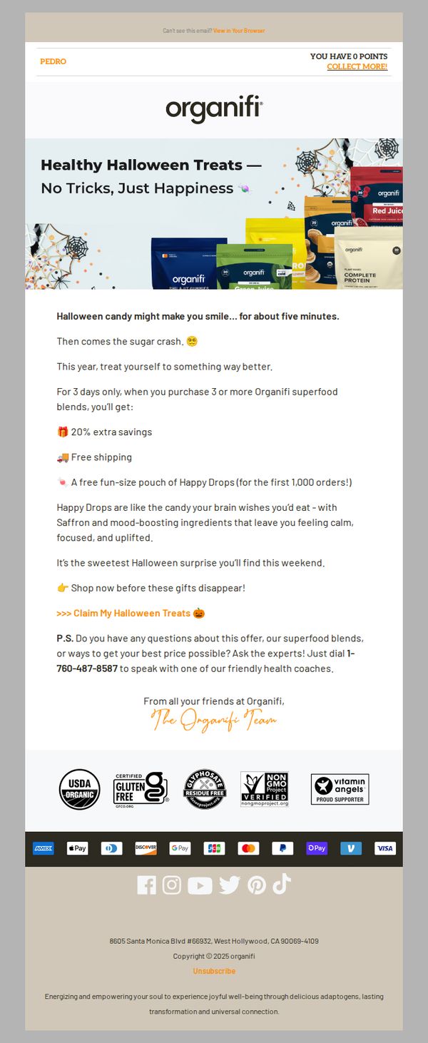 6. Organifi: 🎃 Save 20% + free shipping and more