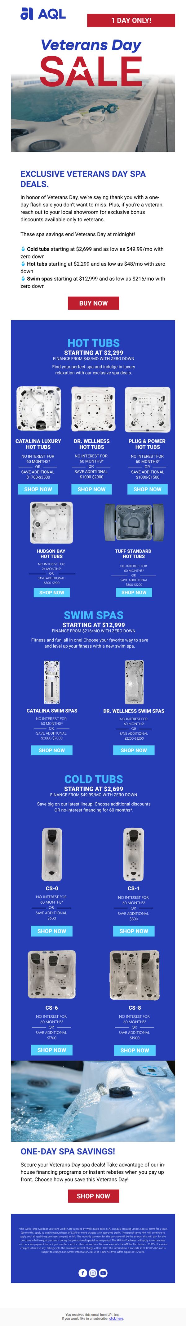 10. Aqua Living Store: Veterans Day Flash Sale 🇺🇸 Save Thousands on Spas!