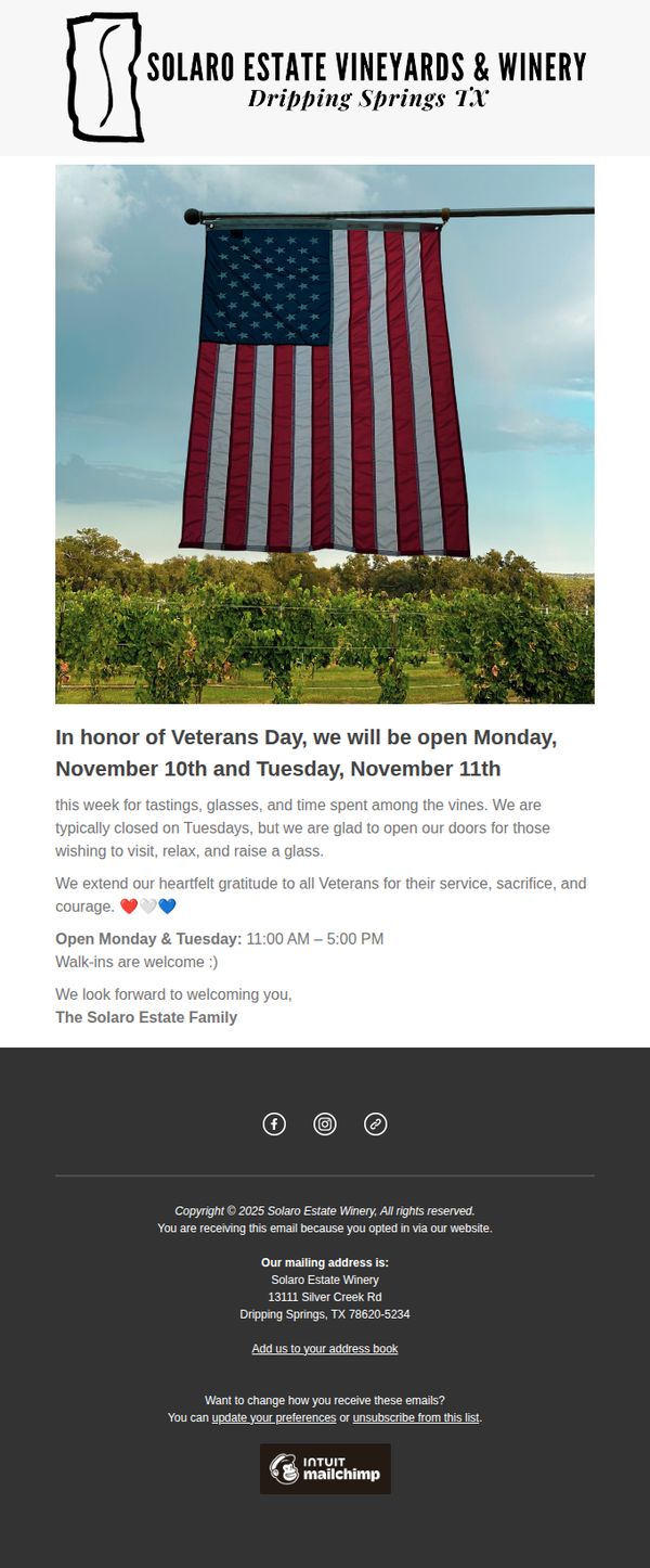 9. Solaro Estate : Veterans Day – Special Hours at the Estate