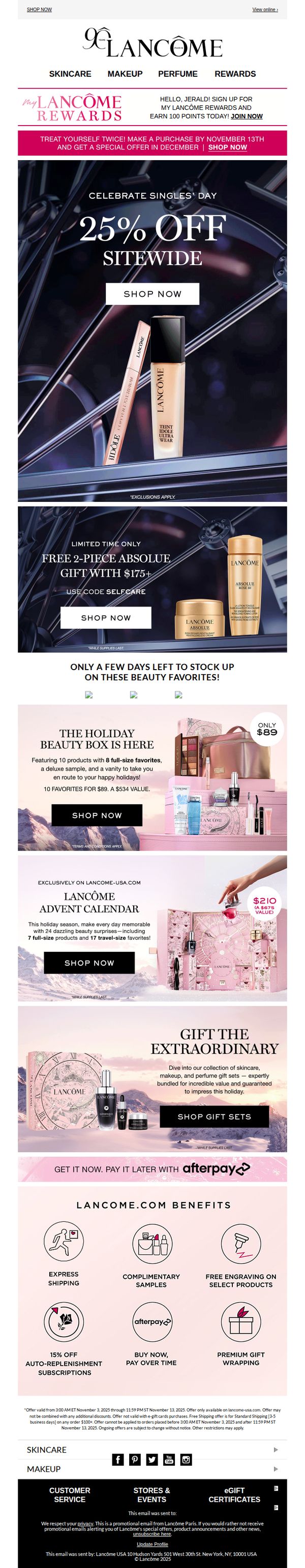 8. Lancôme - US: 🎉 25% Off Sitewide + Gift on $175+! Happy Singles' Day 🎉