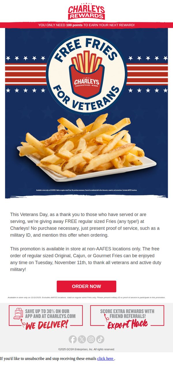 7. Charleys Philly Steaks: Thank You To Our Veterans! Enjoy Free Fries This Veterans Day 🍟