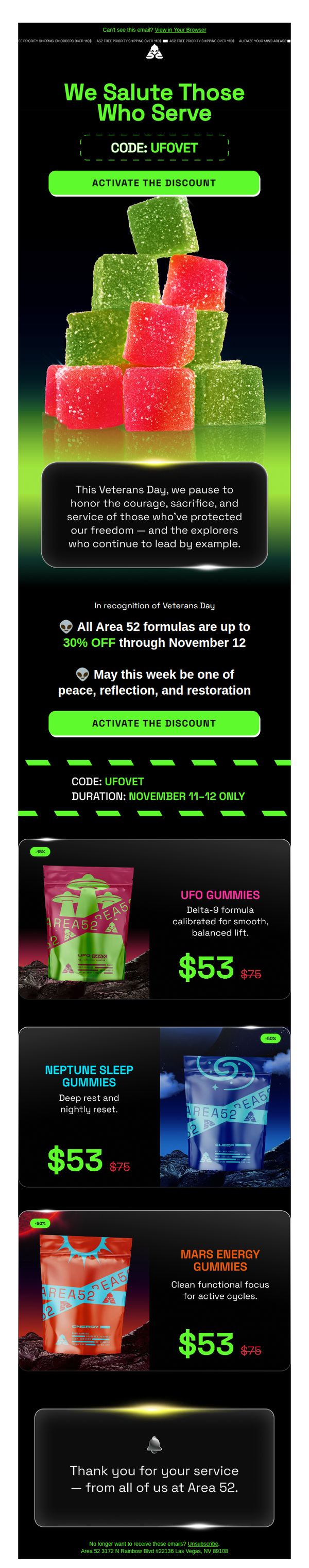 10. Area 52: 👽 Veterans Day: Up To 30% Off to Honor Those Who Served
