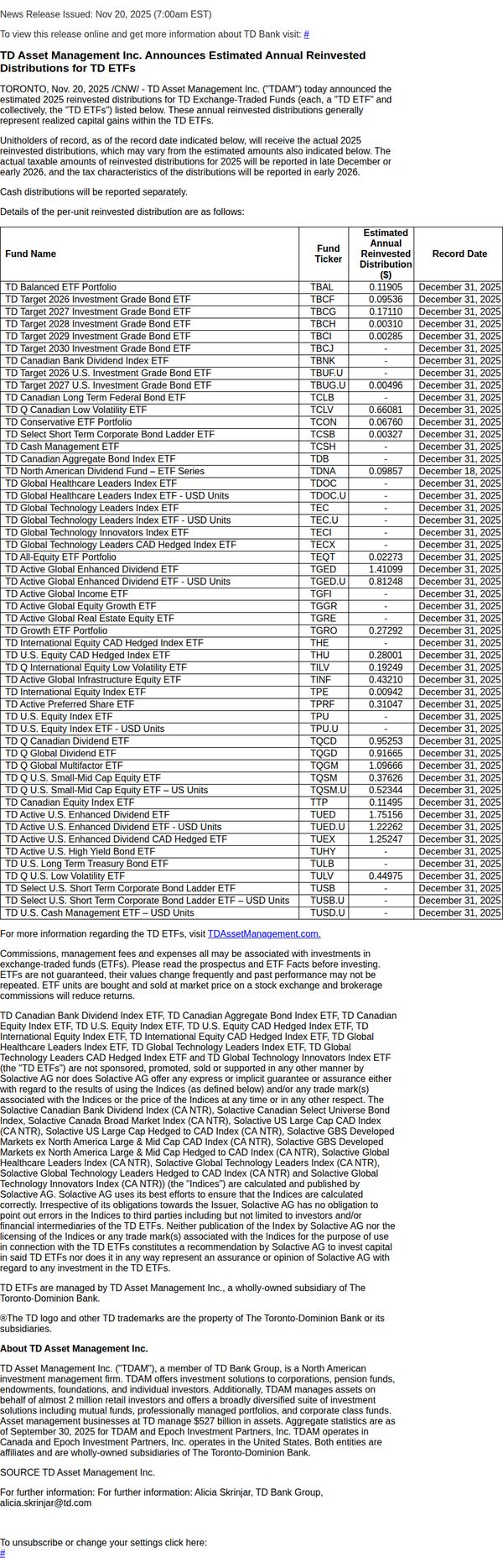 8. TD Asset Management Inc. Announces Estimated Annual Reinvested Distributions for TD ETFs
