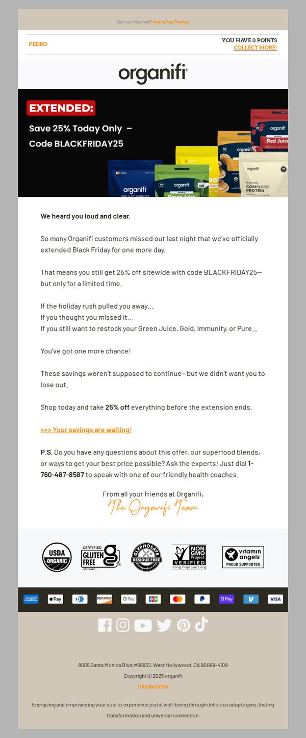 6. Organifi: Black Friday EXTENDED 🎉 One More Chance to Save 25%