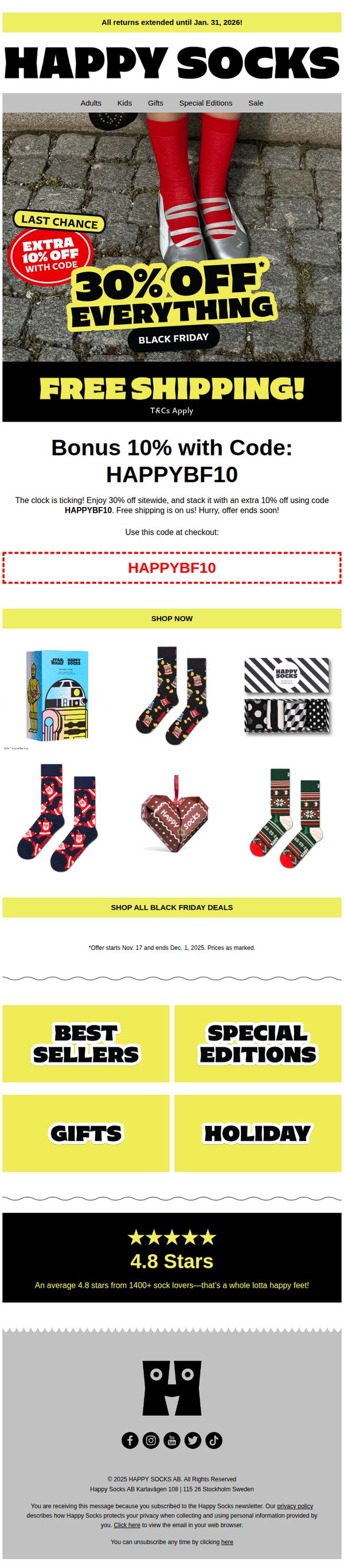 9. Happy Socks: Last Chance! 30% Off Everything + 10% Bonus Ends Tomorrow 💥