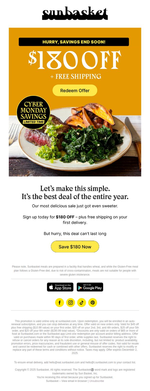 8. Sunbasket: 🤑 Cyber Monday SPECIAL: $180 OFF