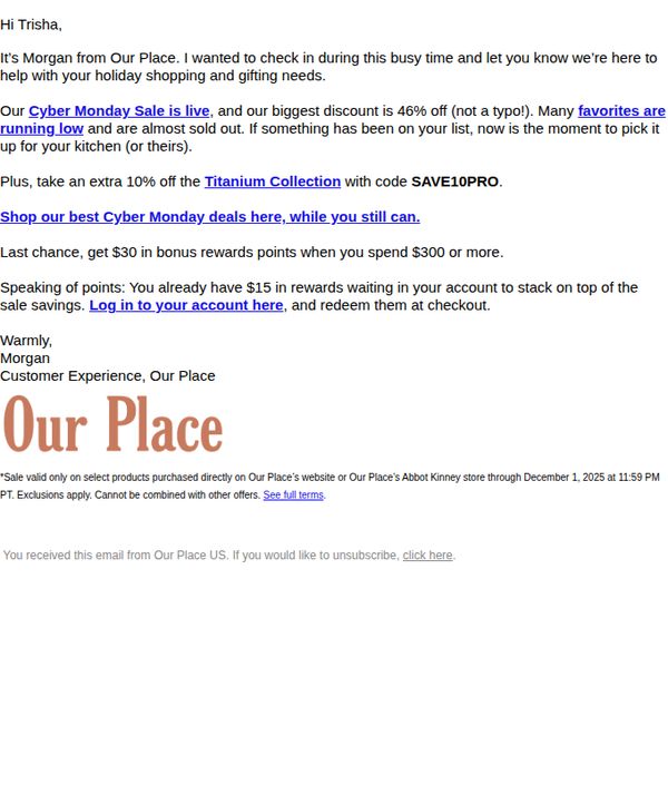 8. Our Place: Before Cyber Monday Ends…