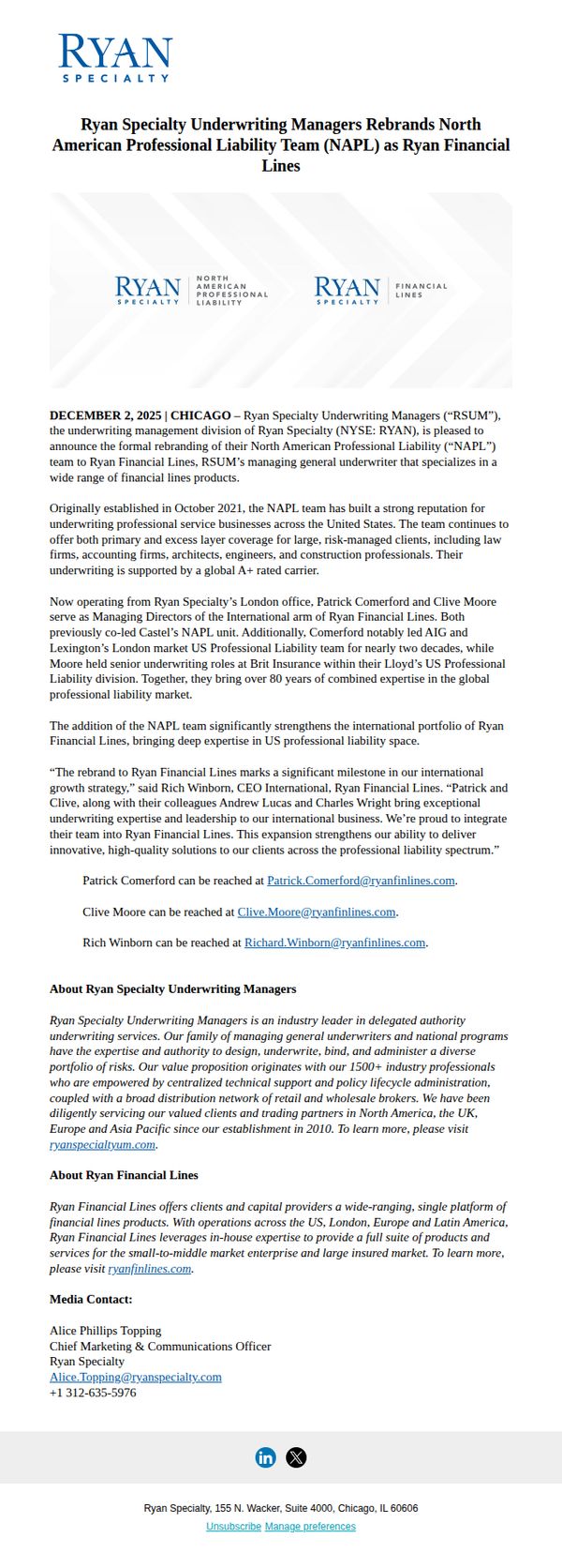 9. Ryan Specialty Underwriting Managers Rebrands North American Professional Liability Team (NAPL) as Ryan Financial Lines