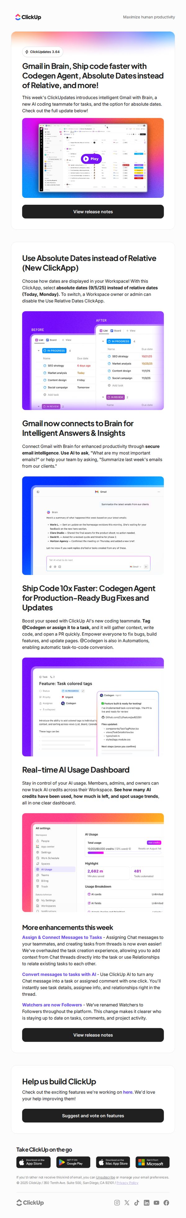 8. What's new in ClickUp: Gmail in Brain, Codegen Agent, Absolute Dates, and more!
