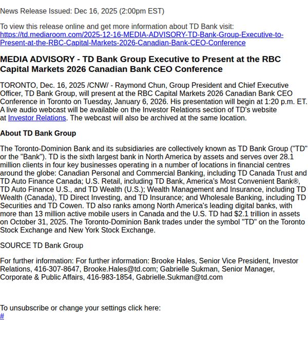 7. MEDIA ADVISORY - TD Bank Group Executive to Present at the RBC Capital Markets 2026 Canadian Bank CEO Conference